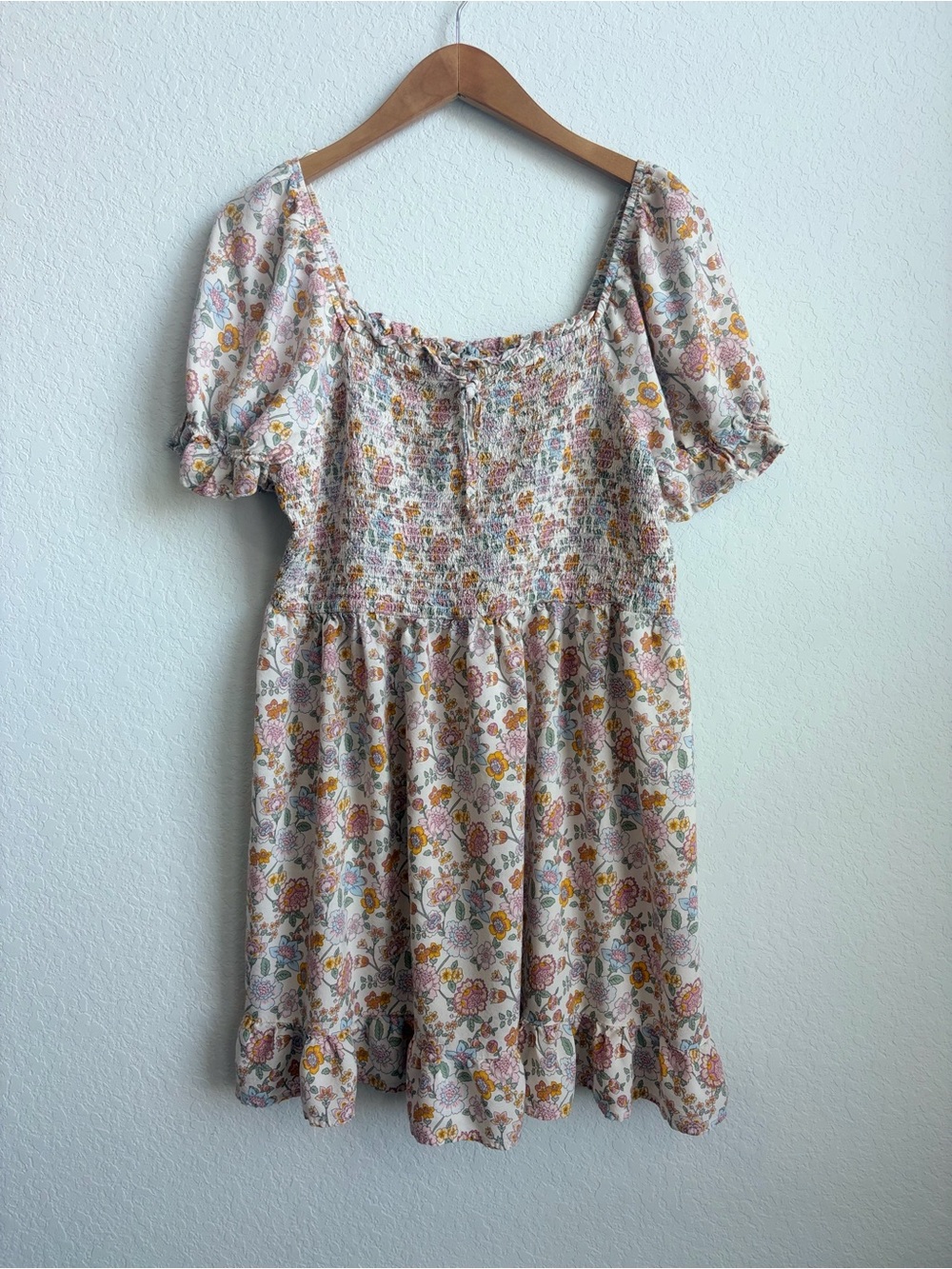 A.U.W Floral Smocked 2X Dress in Cream and Pink and Blue